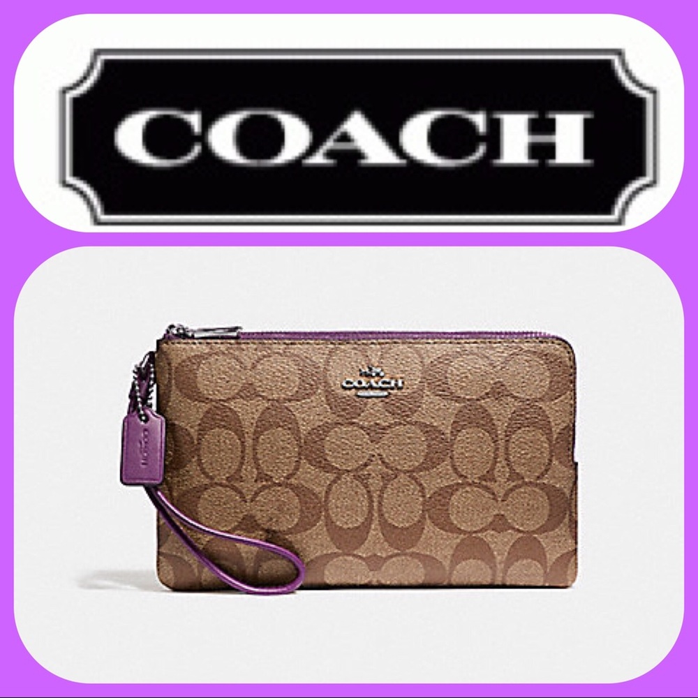 COACH Double Zip Signature wristlet Khaki and Berry purple NWT Retail 175 - Picture 12 of 14